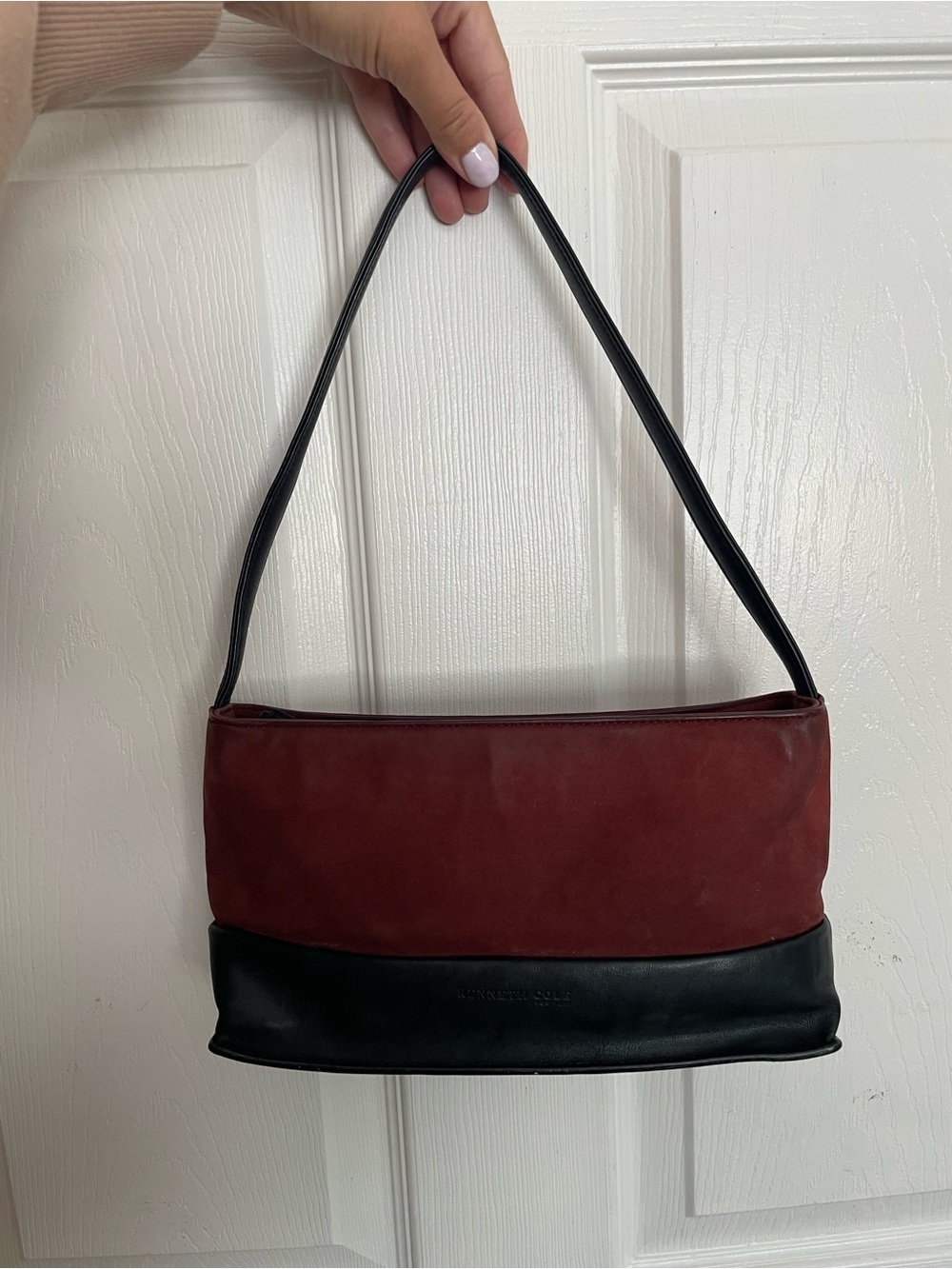 Vintage Kenneth Cole Two Tone Suede and Leather Shoulder Bag in Wine and Black